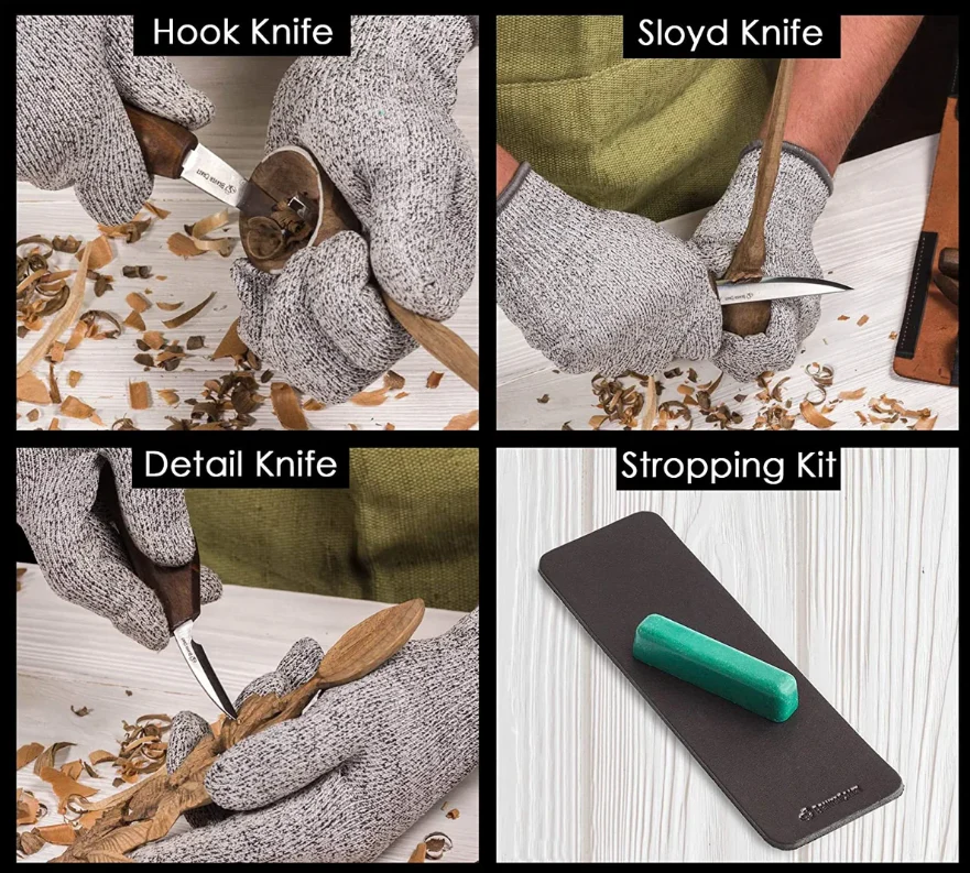 Deluxe Spoon Carving Set With Walnut Handles and Leather Pouch - Image 3